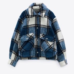 NWT ZARA CROPPED PLAID OVERSHIRT BLUE / WHITE L